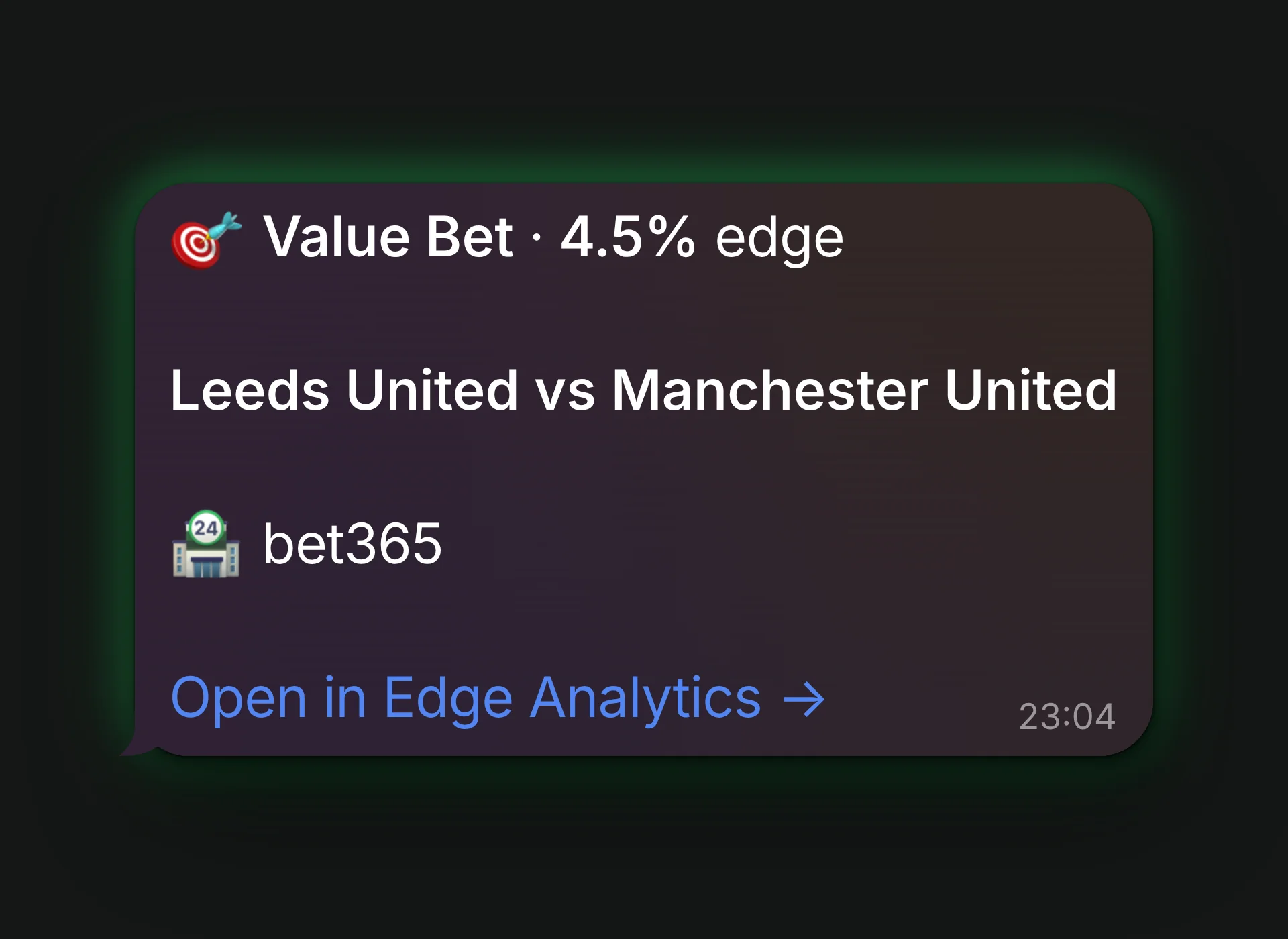 Larm från Edge Analytics i Telegram: Value Bet med 4,5 % edge på Leeds United mot Manchester United hos bet365, med länken Open in Edge Analytics.