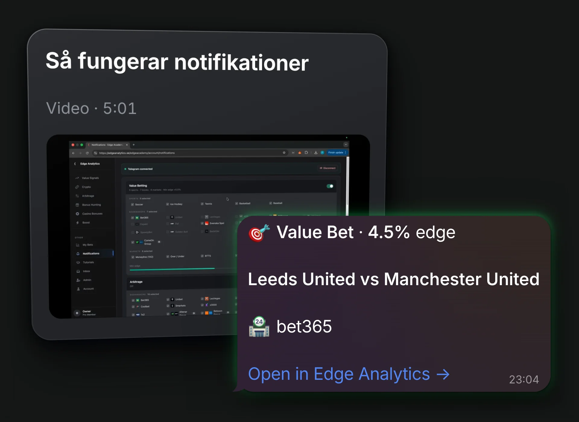 Guiden Så fungerar notifikationer, 5:01 lång, i appens spelare, där filmen visar appens notisinställningar. Framför ligger ett Telegram-larm: Value Bet 4.5% edge, Leeds United mot Manchester United, bet365.