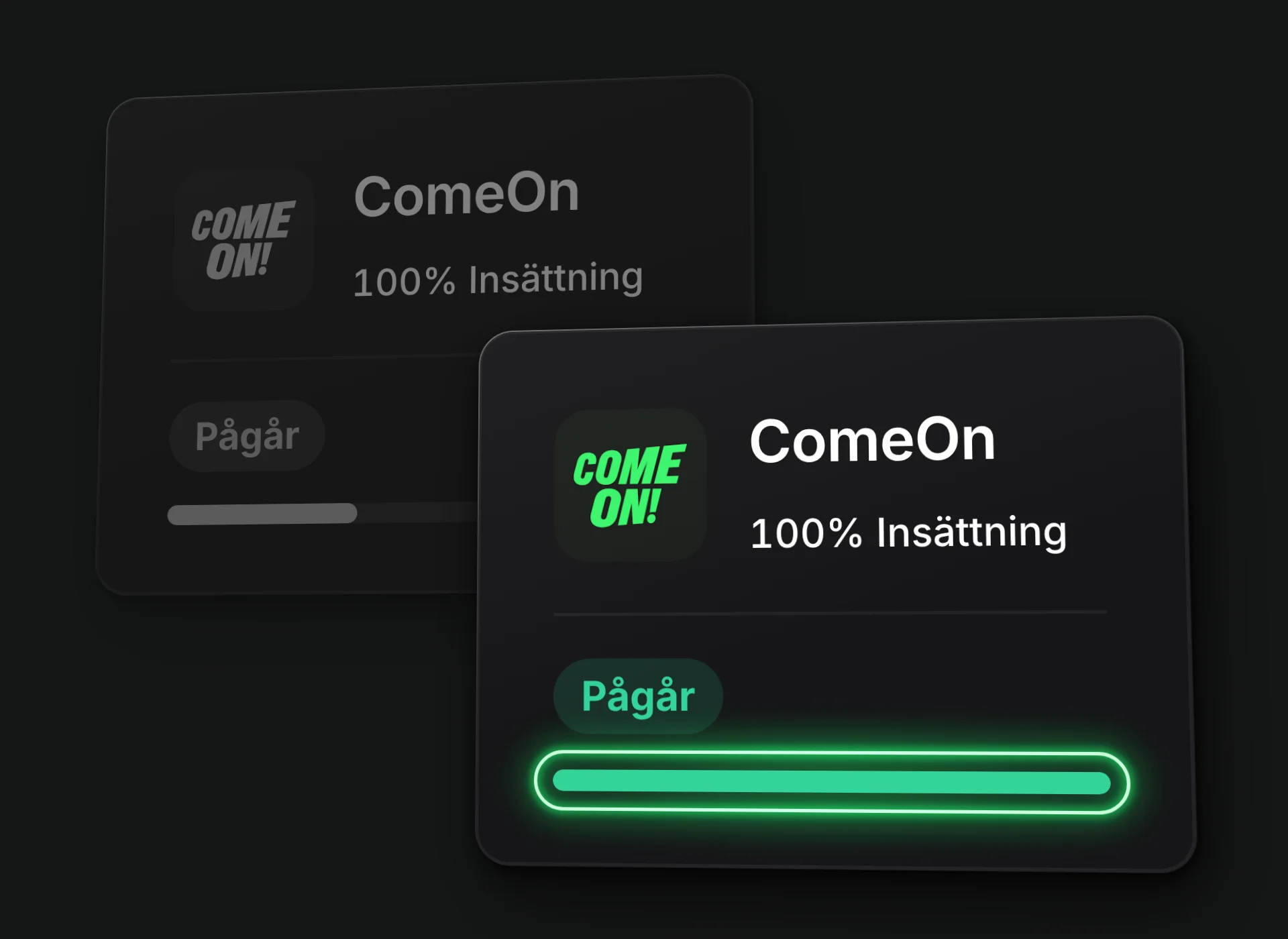 Två bonuskort från ComeOn med 100% Insättning och Pågår: det bakre gråat med omsättningsstapeln en bit in, det främre med stapeln fylld hela vägen och omgiven av ett grönt ljus.