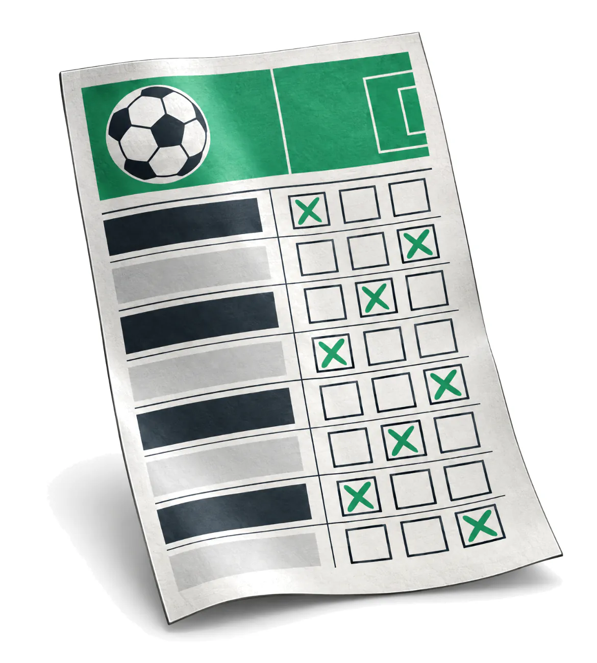 En kupong med åtta rader med tre tomma rutor där några rutor är kryssade i grönt, och en fotboll överst.