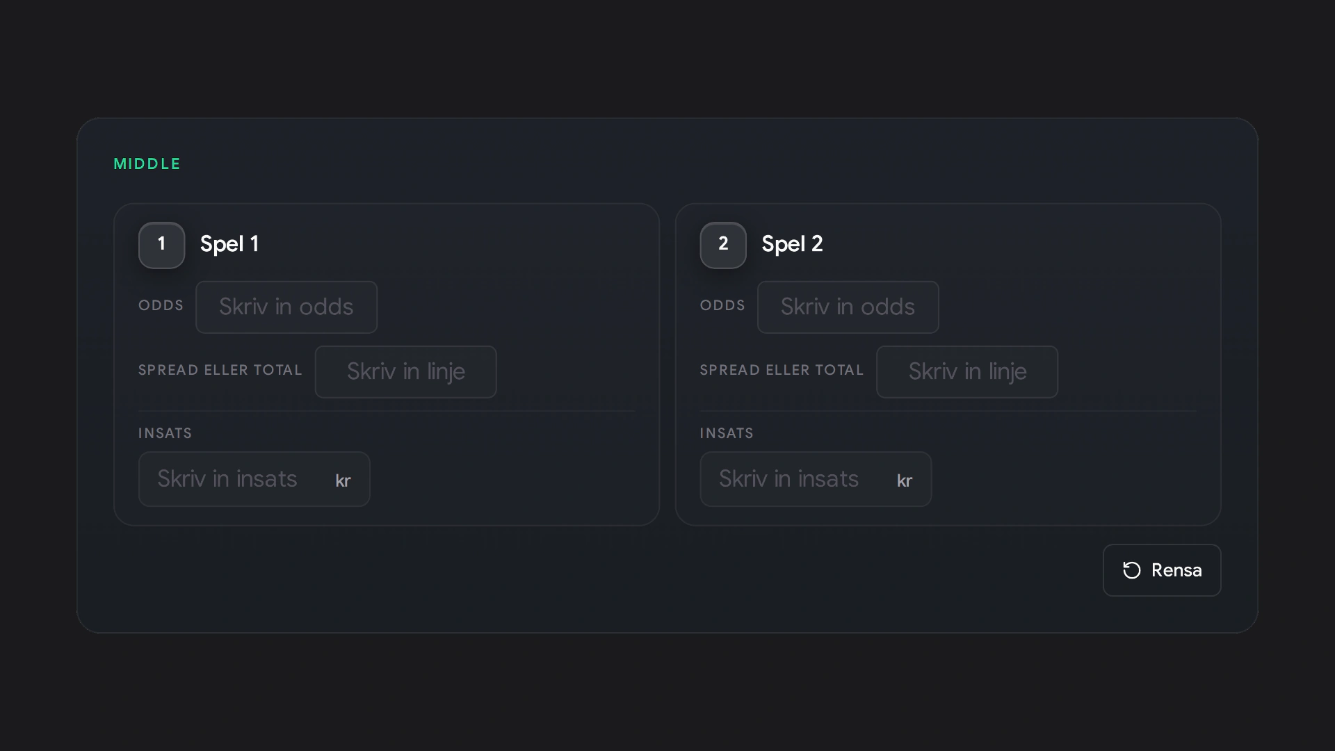 Middlekalkylatorn fylls i med två spel på odds 1,90 med insats 25 kr, på totalen 46 och 48,5. Resultatet per utfall: du förlorar 2,50 kr om totalen blir 45 eller lägre eller 49 eller högre, och vinner 22,50 kr på exakt 46 och 45 kr mellan 47 och 48.